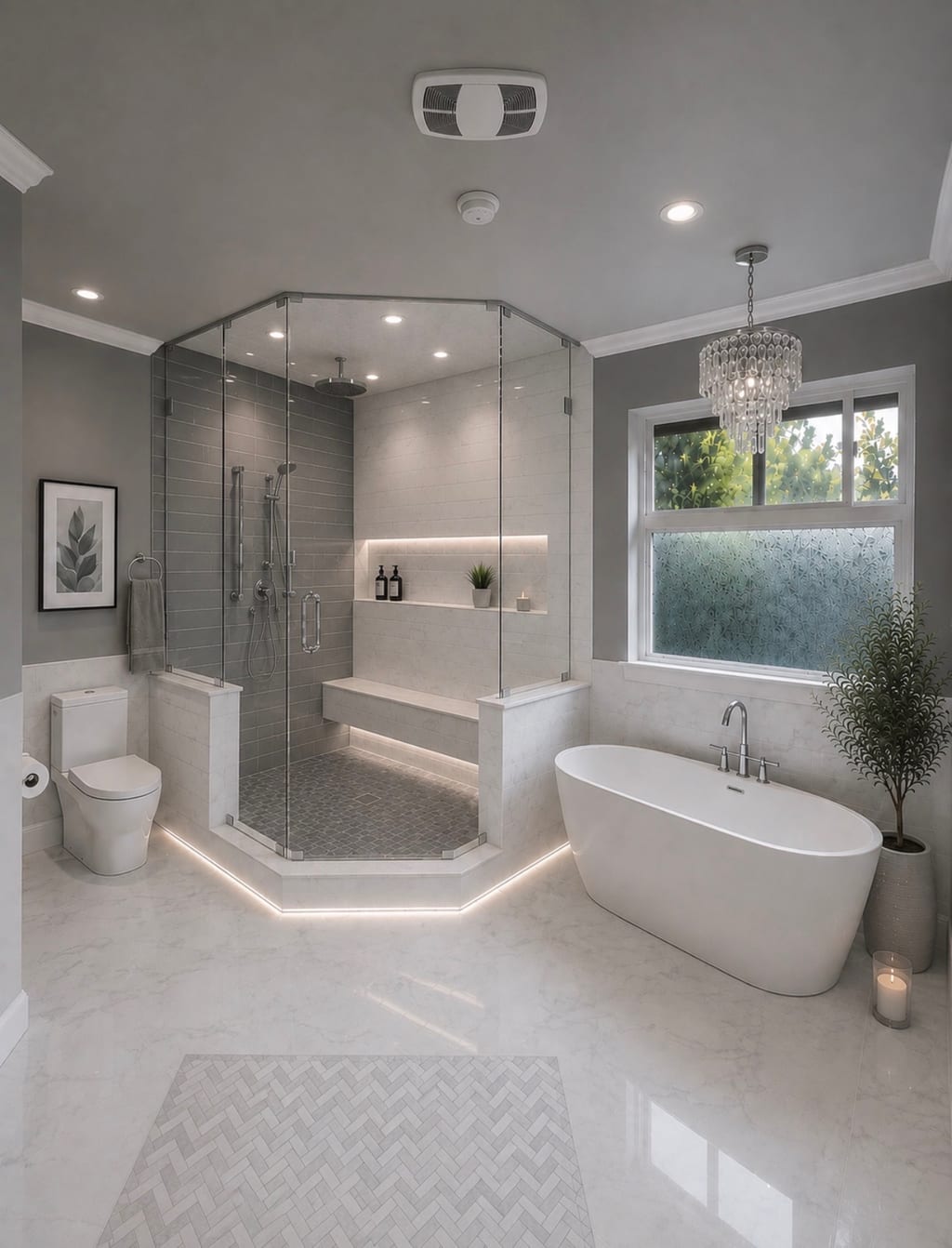 Finished bathroom renovation with recessed and accent lighting by Primo West Electric