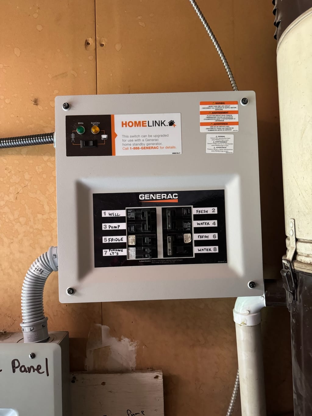 Labeled manual transfer switch installed by Primo West Electric in a Fraser Valley home